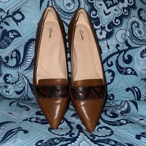Clarks Tan Leather Flats with Snakeskin Accent
